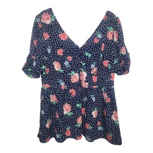 Suzanne Betro Blouse 1x Polka Dots Floral Peplum Hem Short Sleeve Top